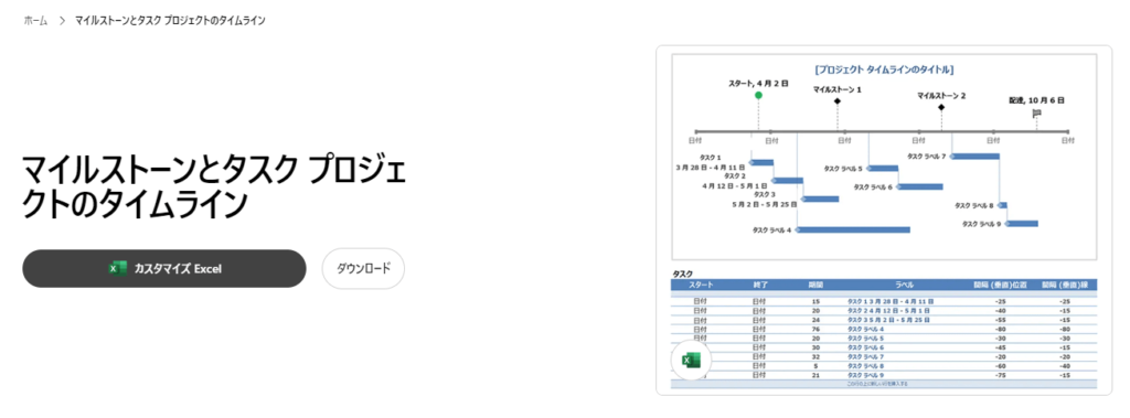 マイルストーンとタスク プロジェクトのタイムライン_エクセル